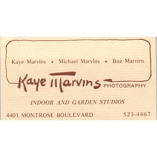 Kaye Marvins Photography 4401 Montrose Blvd Houston Vtg Business Card SD8-B17