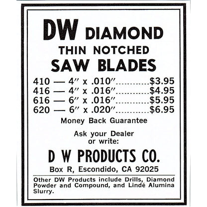 DW Products Co Diamond Saw Blades Escondido CA 1972 Ad AF8-M1