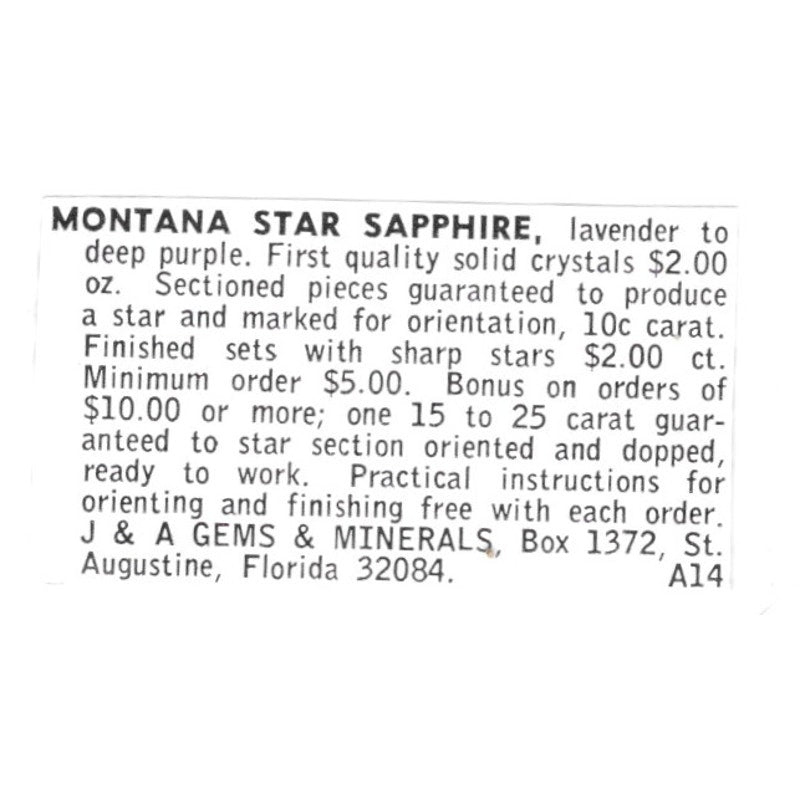 J&A Gems & Minerals Montana Star Sapphire St. Augustine FL 1972 Ad AF8-S15