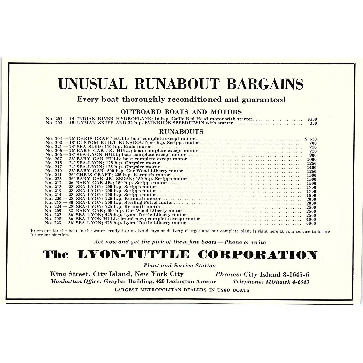 Runabout Yacht Bargains Lyon-Tuttle Corporation City Island NYC 1932 AG2-7
