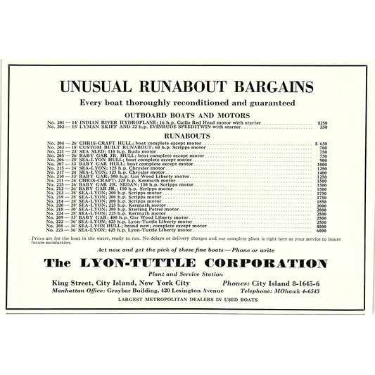 Runabout Yacht Bargains Lyon-Tuttle Corporation City Island NYC 1932 AG2-7