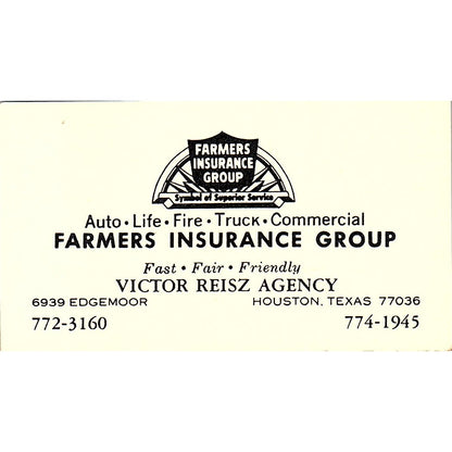 Farmers Insurance Group Victor Reisz Agency Houston Texas Business Card SB4-B3