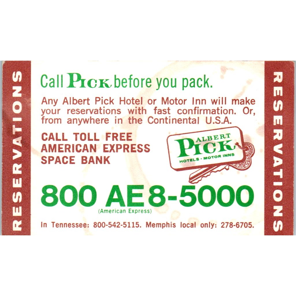 Albert Pick Hotels Motor Inns Memphis TN Vintage Business Card SD8-B22