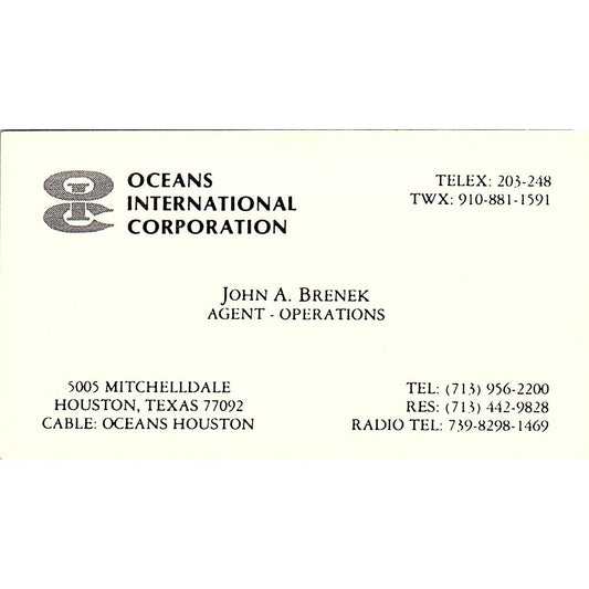 John A Brenek Oceans International Corp Houston Vintage Business Card SC9-B2