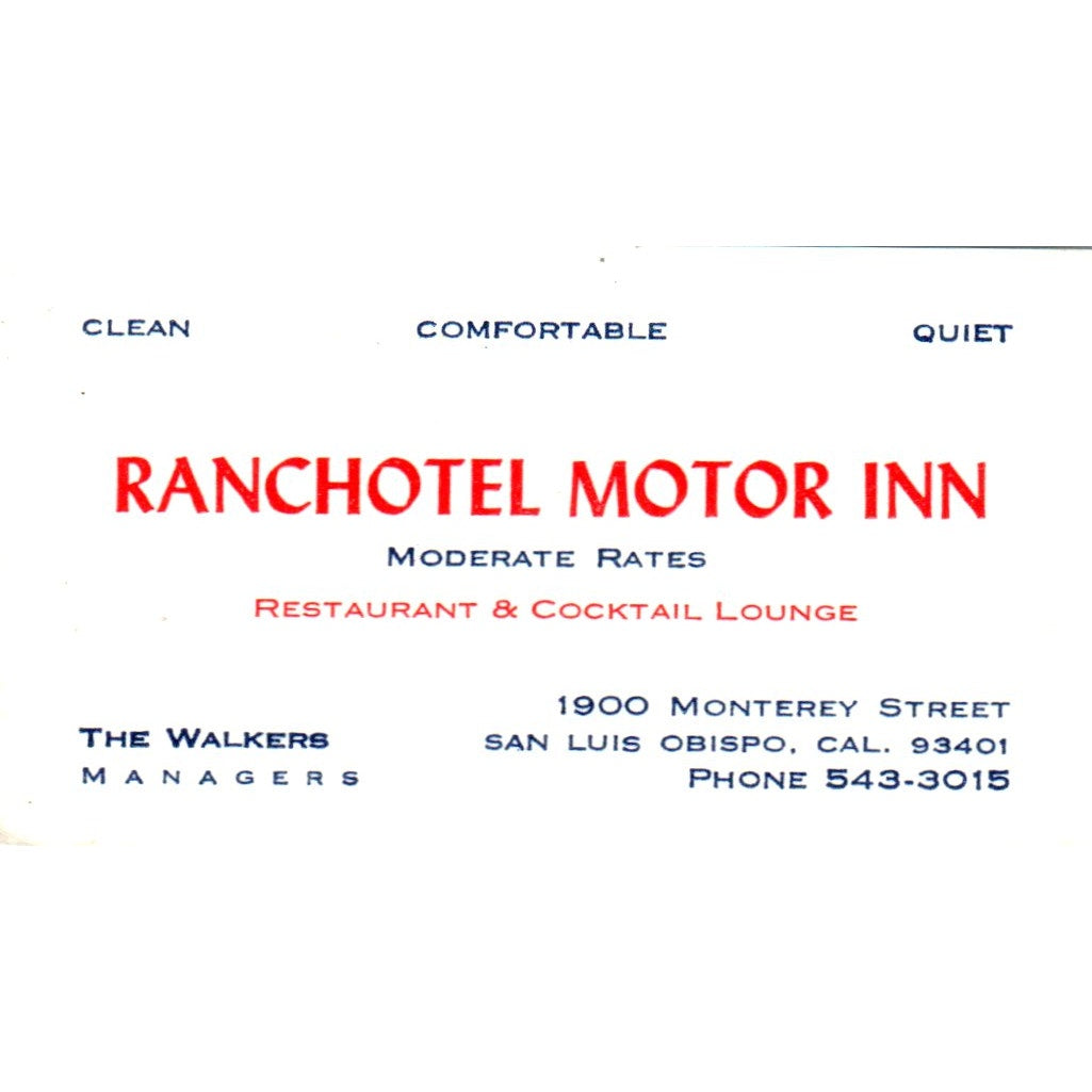 Ranchotel Motor Inn Walker San Luis Obispo CA Vintage Business Card SD8-B22