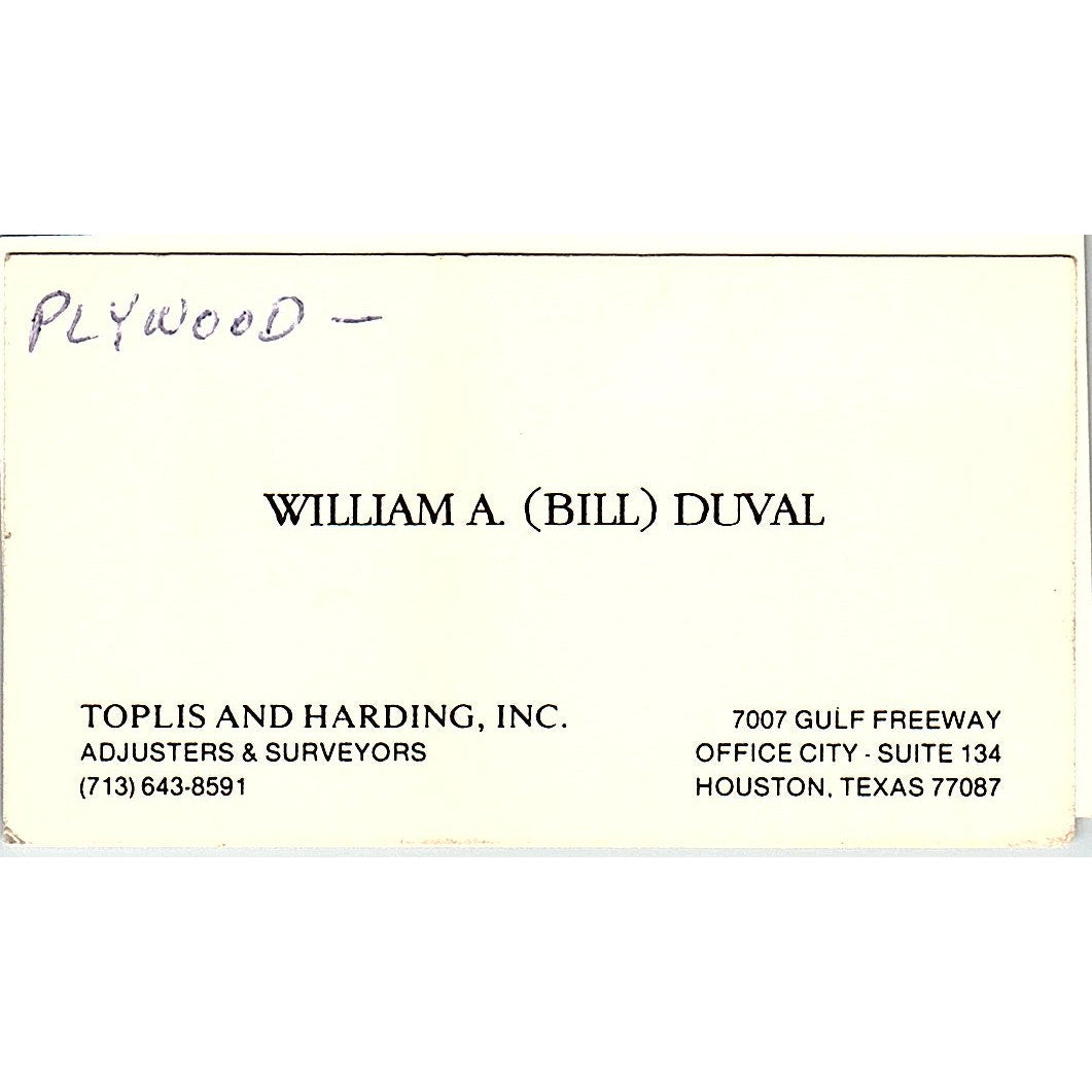 William A Duval Toplis and Harding Inc Houston Vintage Business Card SC9-B1