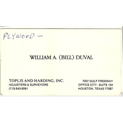William A Duval Toplis and Harding Inc Houston Vintage Business Card SC9-B1