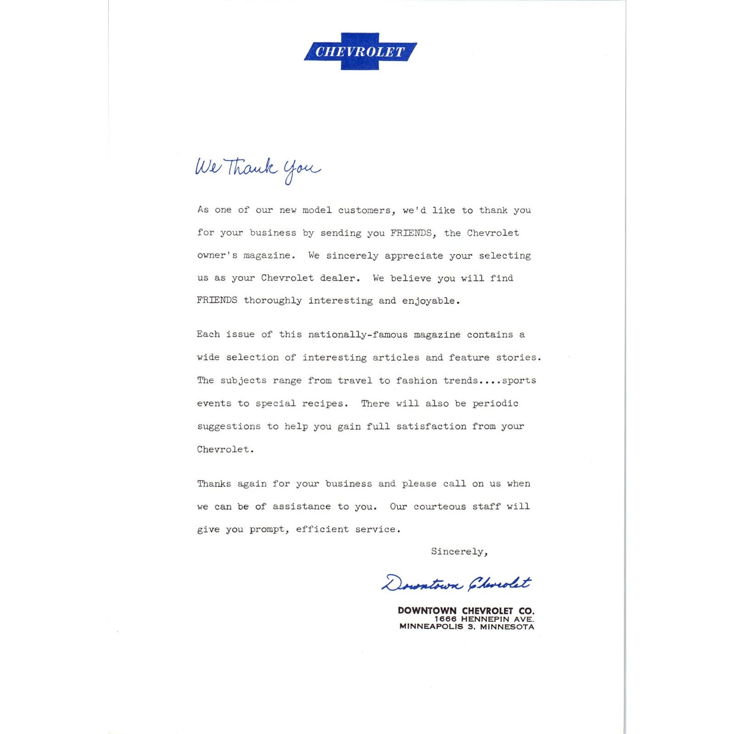 1950s Chevrolet Leaflet Letterhead Downtown Chevrolet Co. Minneapolis MN D9