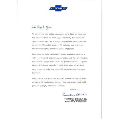 1950s Chevrolet Leaflet Letterhead Downtown Chevrolet Co. Minneapolis MN D9