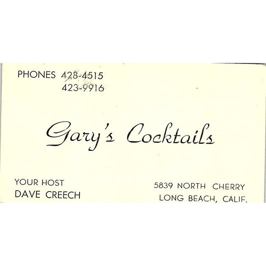 Gary's Cocktails Dave Creech Long Beach CA Vintage Business Card SD9-B5