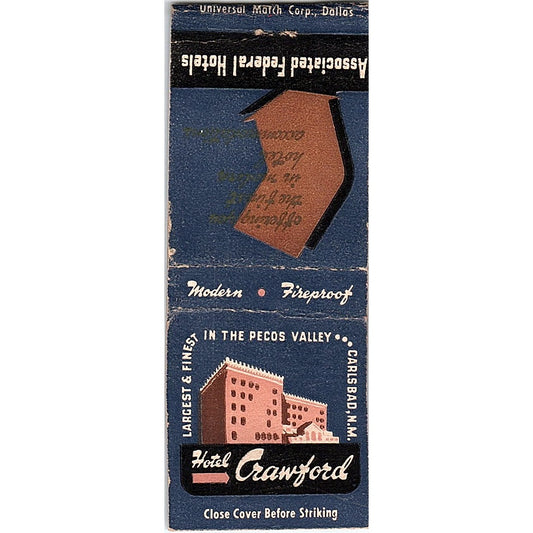 Hotel Crawford Carlsbad NM Vintage Matchbook Cover SC7-Y1