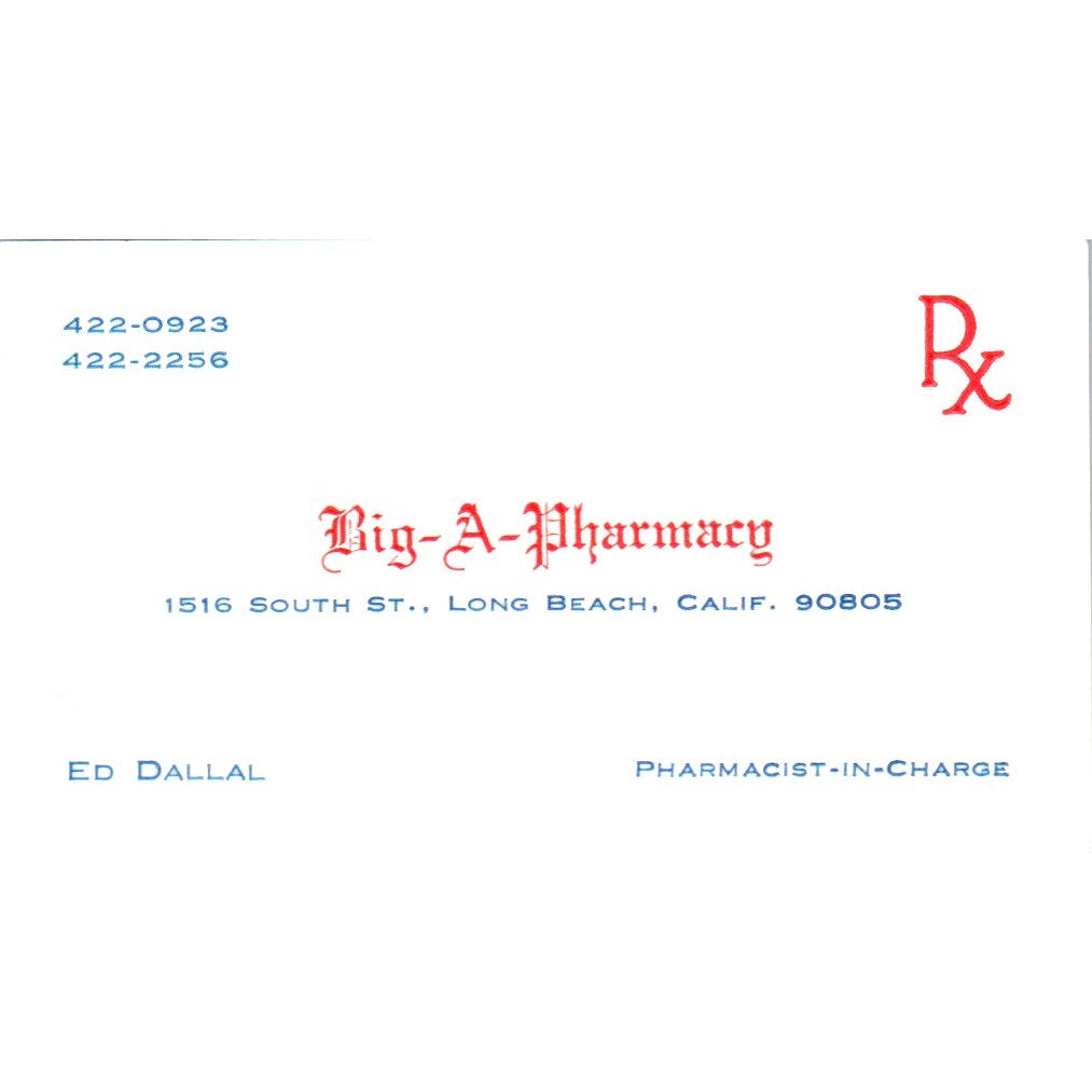 Big-A-Pharmacy Ed Dallal Long Beach CA Vintage Business Card SD8-B15