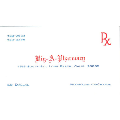 Big-A-Pharmacy Ed Dallal Long Beach CA Vintage Business Card SD8-B15