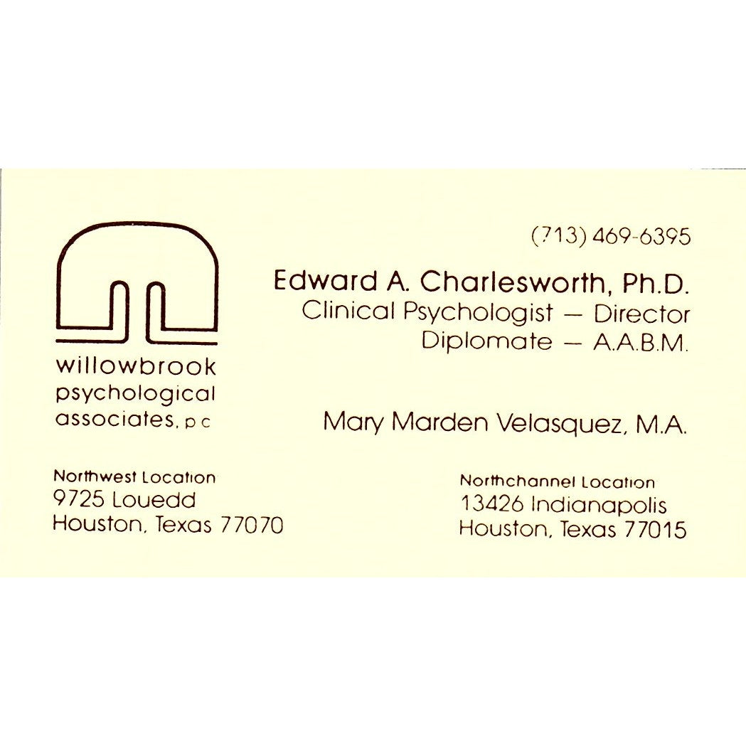 Willowbrook Psychological  Edward A Charlesworth Houston TX Business Card SF3-B8