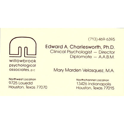 Willowbrook Psychological  Edward A Charlesworth Houston TX Business Card SF3-B8