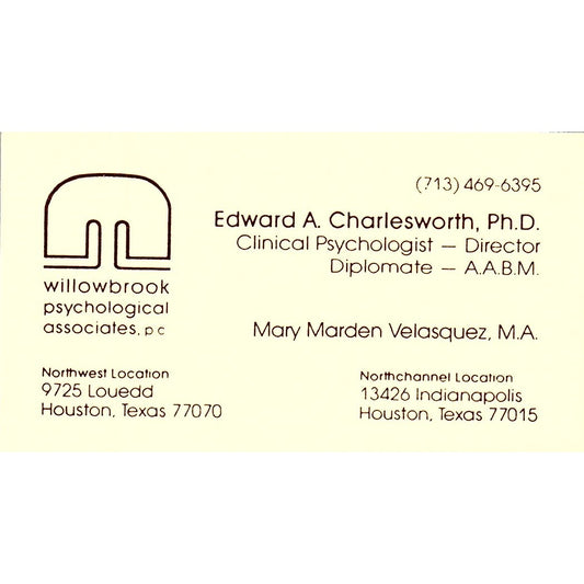 Willowbrook Psychological  Edward A Charlesworth Houston TX Business Card SF3-B8