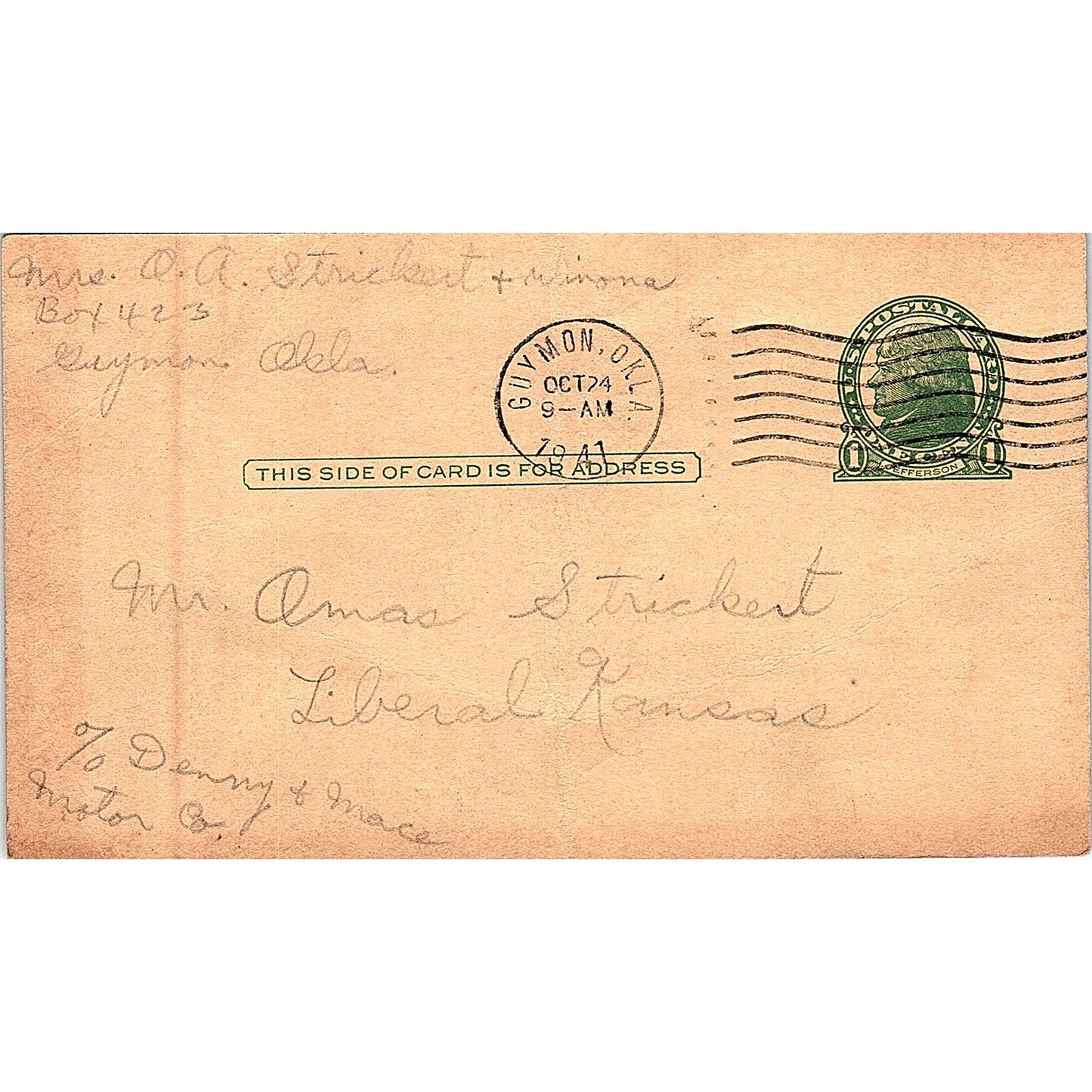 1941 Postal Mailing Card O.A. Strickert Guymon OK To Liberal KS Postcard PE17