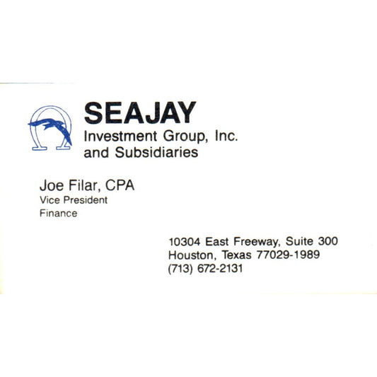 Joe Filar Seajay Investment Group Houston TX Vintage Business Card SD8-B4