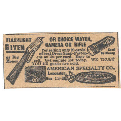 American Specialty Co Lancaster PA Flashlight Offer 1923 Magazine Ad Clip AE1-8