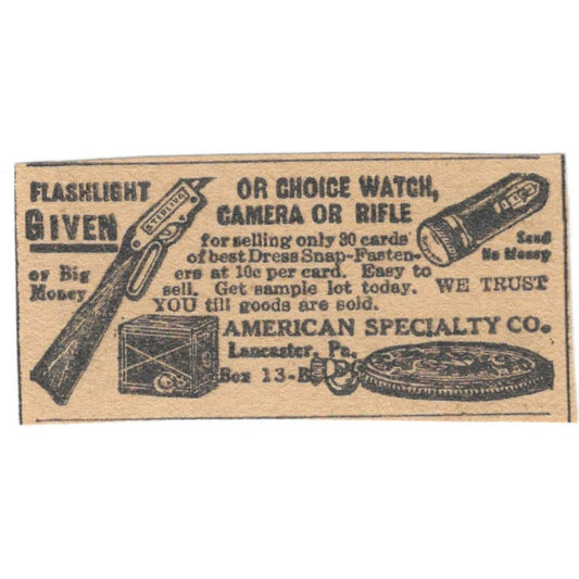 American Specialty Co Lancaster PA Flashlight Offer 1923 Magazine Ad Clip AE1-8