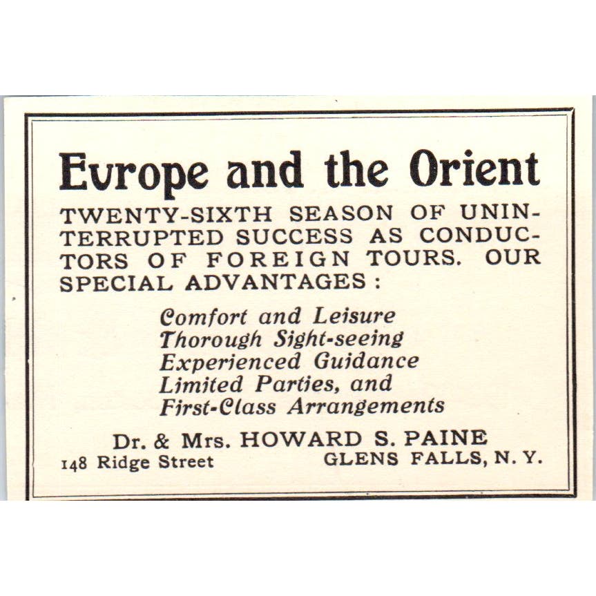 Dr. & Mrs. Howard S. Paine Travel Glens Falls NY c1905 Victorian Ad AE9-MA9