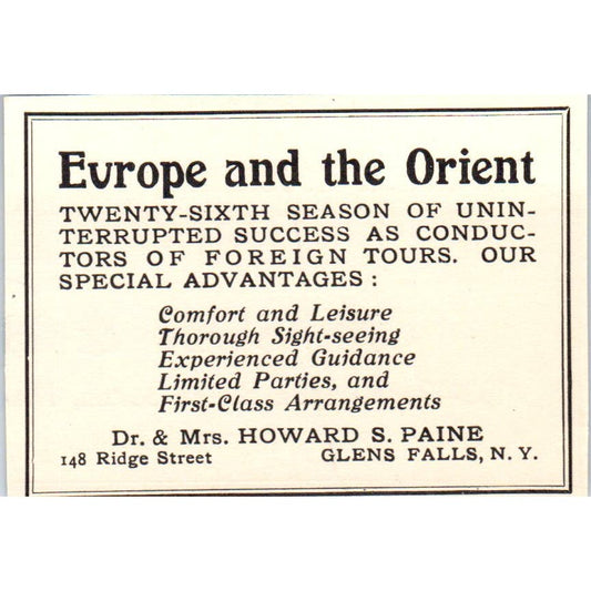 Dr. & Mrs. Howard S. Paine Travel Glens Falls NY c1905 Victorian Ad AE9-MA9