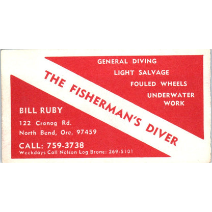 The Fisherman's Diver Bill Ruby North Bend OR Vintage Business Card SD8-B8