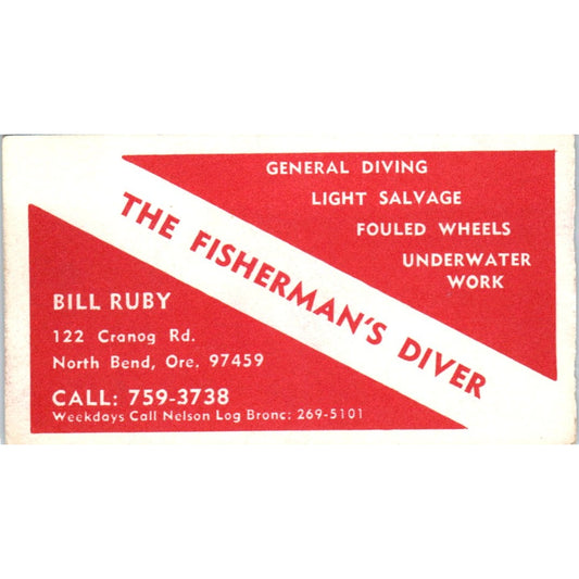 The Fisherman's Diver Bill Ruby North Bend OR Vintage Business Card SD8-B8
