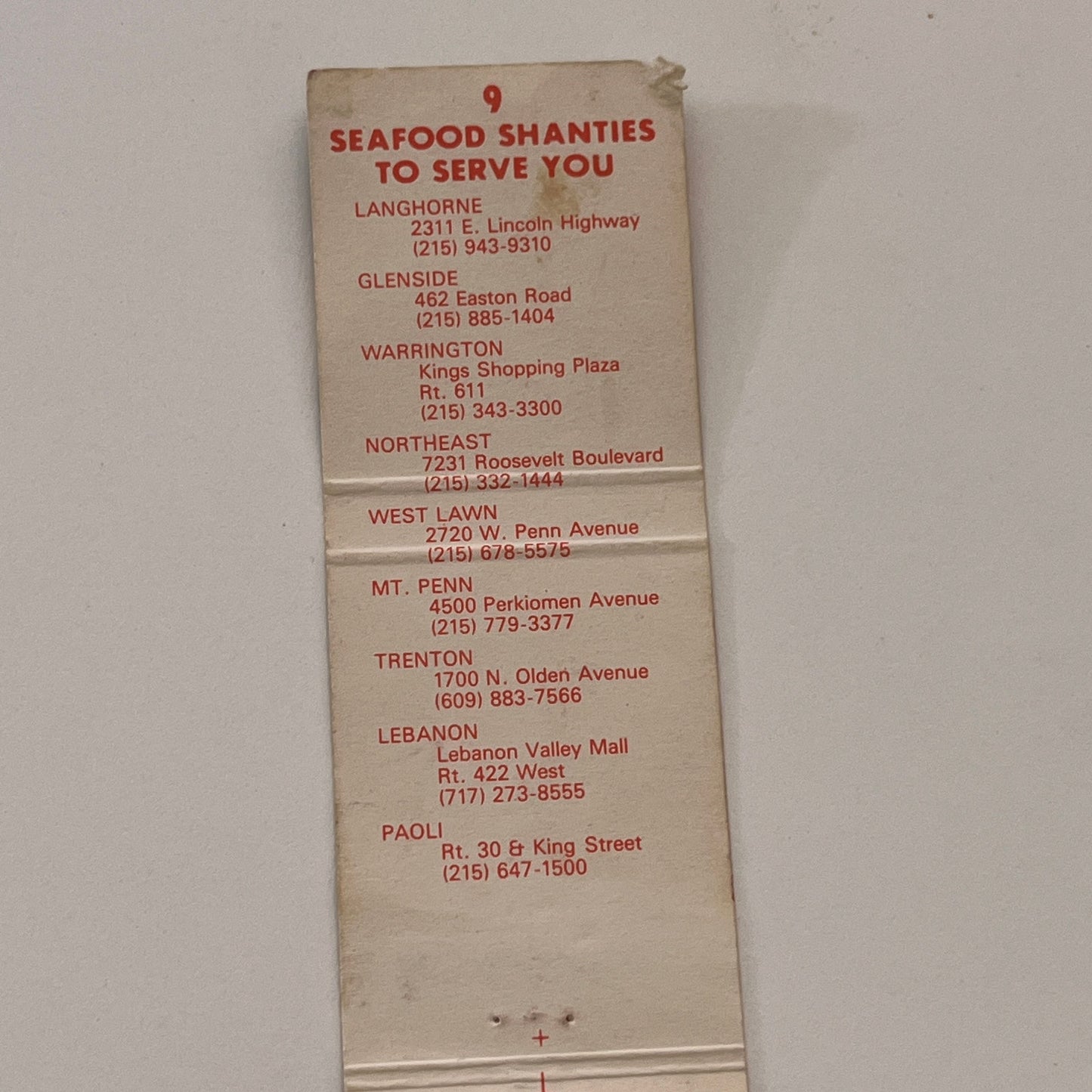 Seafood Shanty Fresh Fish Restaurant Langhorne Vintage Matchbook Cover TB6-MB2-2
