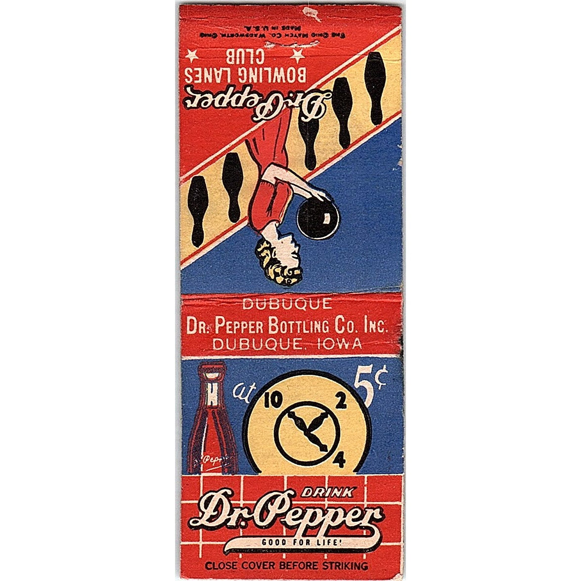 Dr. Pepper Bowling Club Dubuque IA Vintage Matchbook Cover SC7-Y1