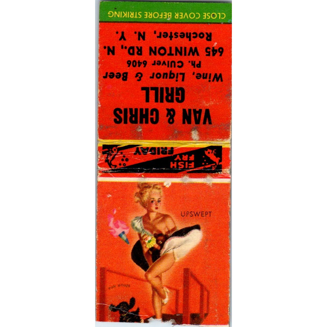 Van & Chris Grill Rochester NY Pinup Upswept Vintage Matchbook Cover SD2-Y1