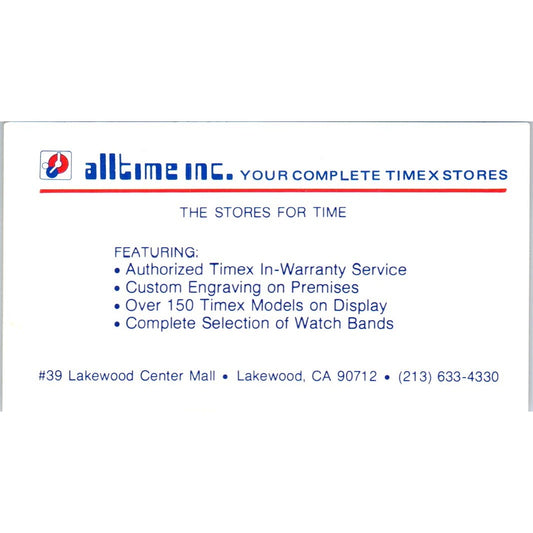 Alltime Inc Timex Stores Lakewood CA Vintage Business Card SE3-B6
