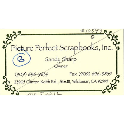 Picture Perfect Scrapbooks Sandy Sharp Wildomar CA Vintage Business Card SC9-B11