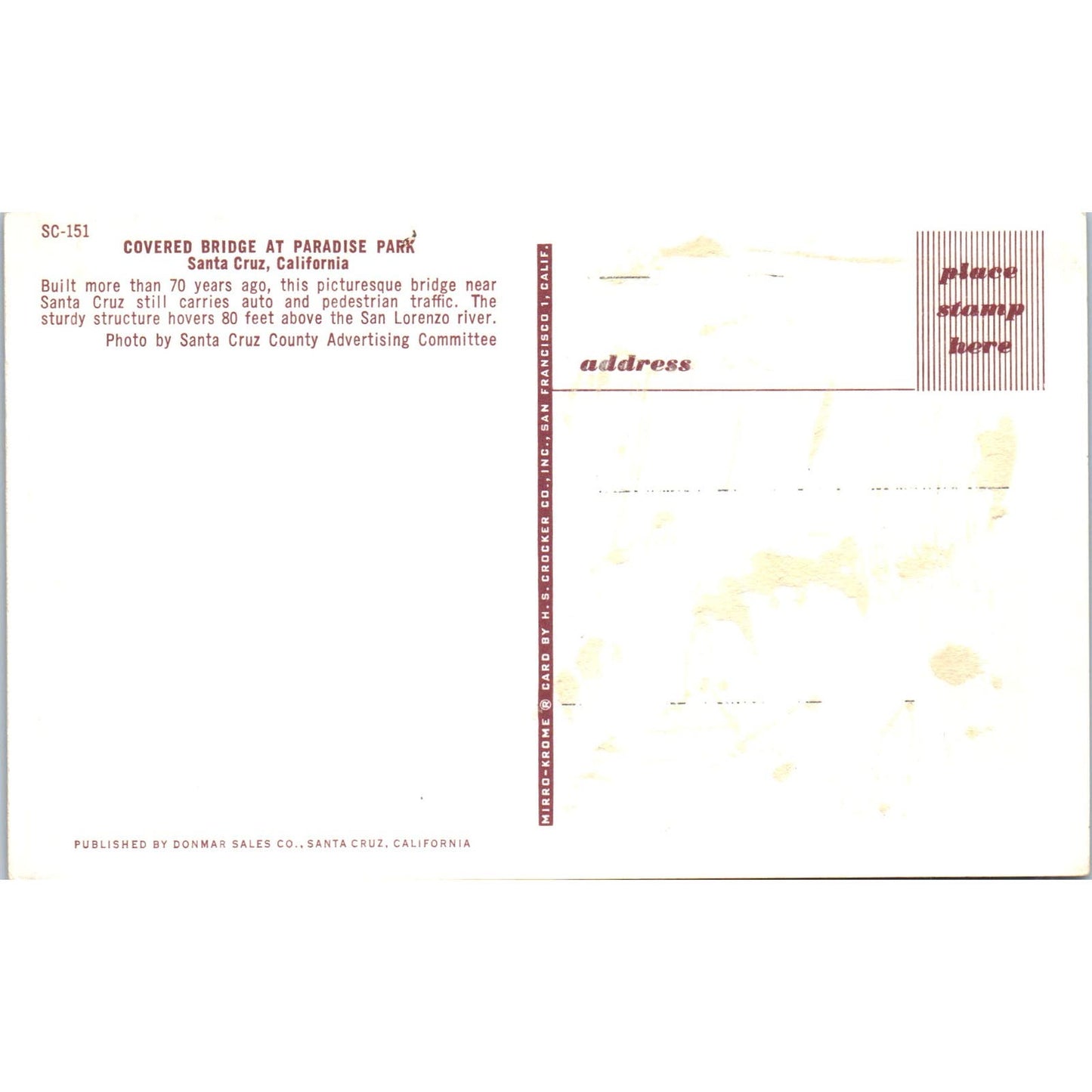 Covered Bridge at Paradise Park Santa Cruz Vintage Covered Bridge Postcard PC13