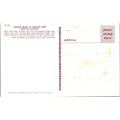 Covered Bridge at Paradise Park Santa Cruz Vintage Covered Bridge Postcard PC13