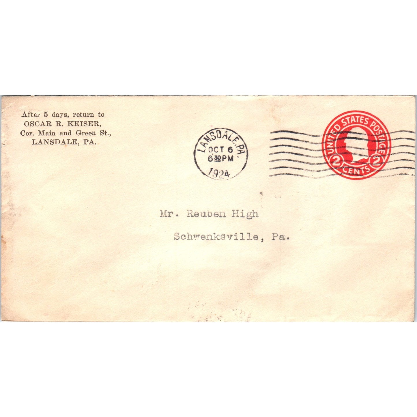 1921 H.B. Kratz Schwenksville PA to R.M. High Postal Cover Envelope TG7-PC2
