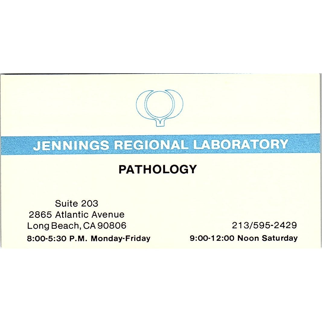 Jennings Regional Laboratory Pathology Long Beach Vintage Business Card SD9-B11