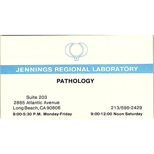 Jennings Regional Laboratory Pathology Long Beach Vintage Business Card SD9-B11