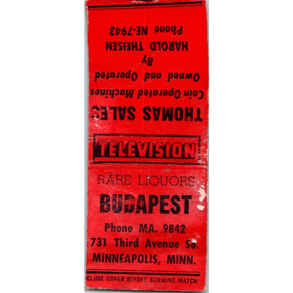 Budapest Rare Liquors Third Ave So. Minneapolis Vintage Matchbook Cover SD4-Y8