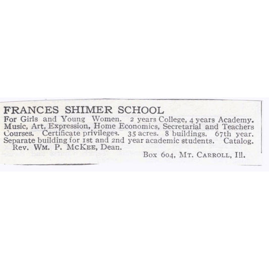 Frances Shimer School for Girls Mt. Carroll IL c1918 Advertisement AE5-SA4