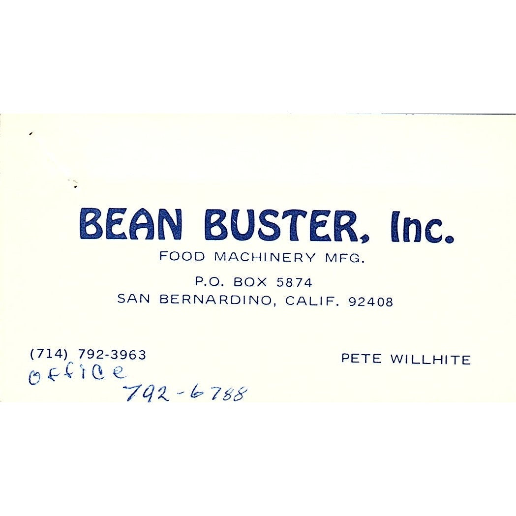 Pete Willhite Bean Buster inc San Bernardino CA Vintage Business Card SD9-B10