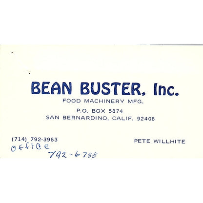 Pete Willhite Bean Buster inc San Bernardino CA Vintage Business Card SD9-B10