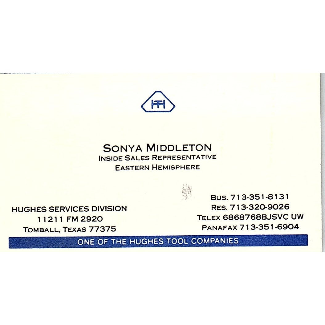 Sonya Middleton Hughes Services Division Tomball TX Vintage Business Card SC9-B4