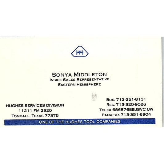 Sonya Middleton Hughes Services Division Tomball TX Vintage Business Card SC9-B4
