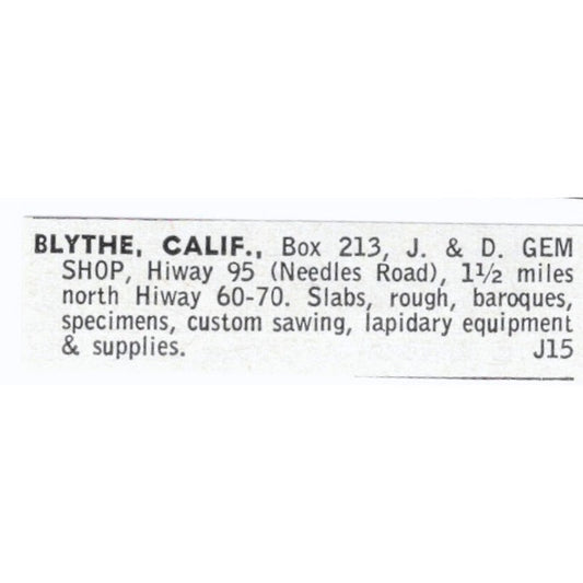 J&D Gem Shop Lapidary Supply Blythe California 1964 Magazine Ad AB6-LJS8