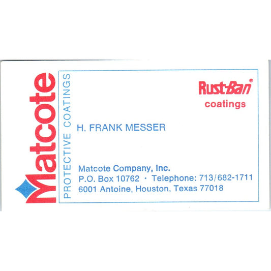 Matcote Co Rust-Bari Coatings H. Frank Messer Houston TX Business Card SD8-B14