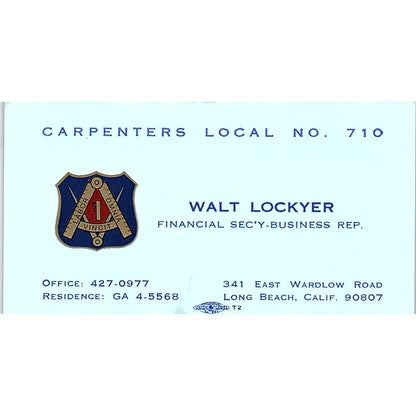 Walt Lockyear Carpenters Local 710 Long Beach CA Vintage Business Card SC9-B13