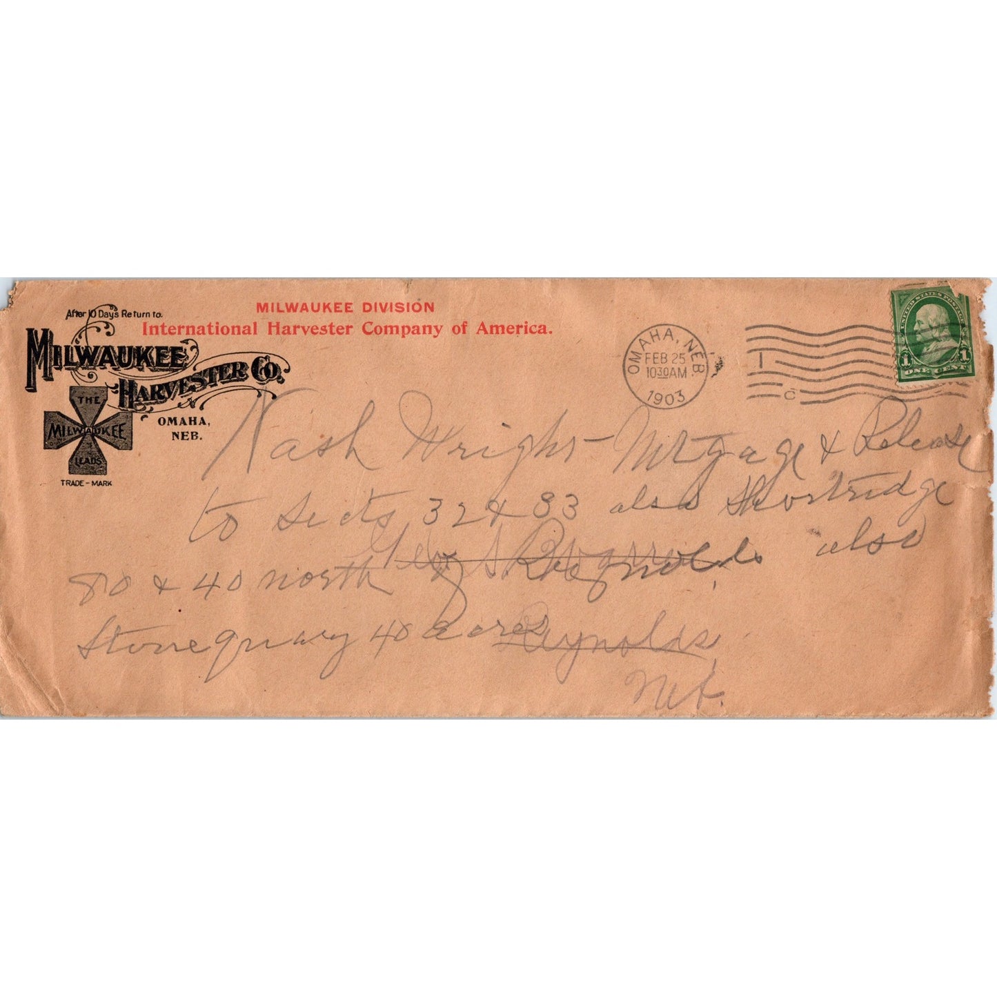 1903 Milwaukee Harvester Co Omaha Nebraska Envelope Postal Cover AD8-R8