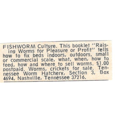 Tennessee Worm Hatchery Fishworms Nashville TN 1977 Ad AF6-S8