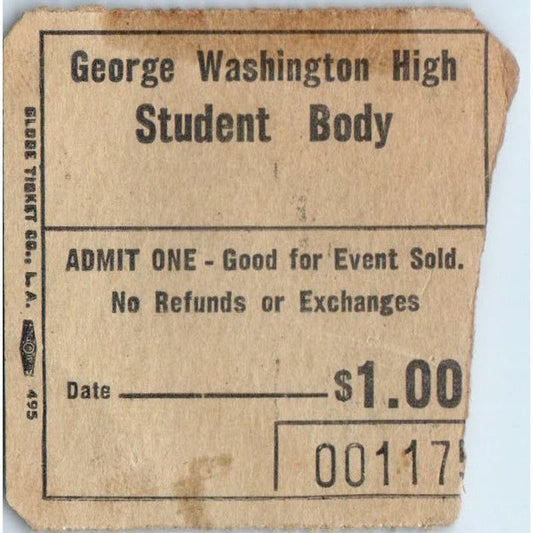 1950s George Washington High School Los Angeles CA Student Body Stub AB9